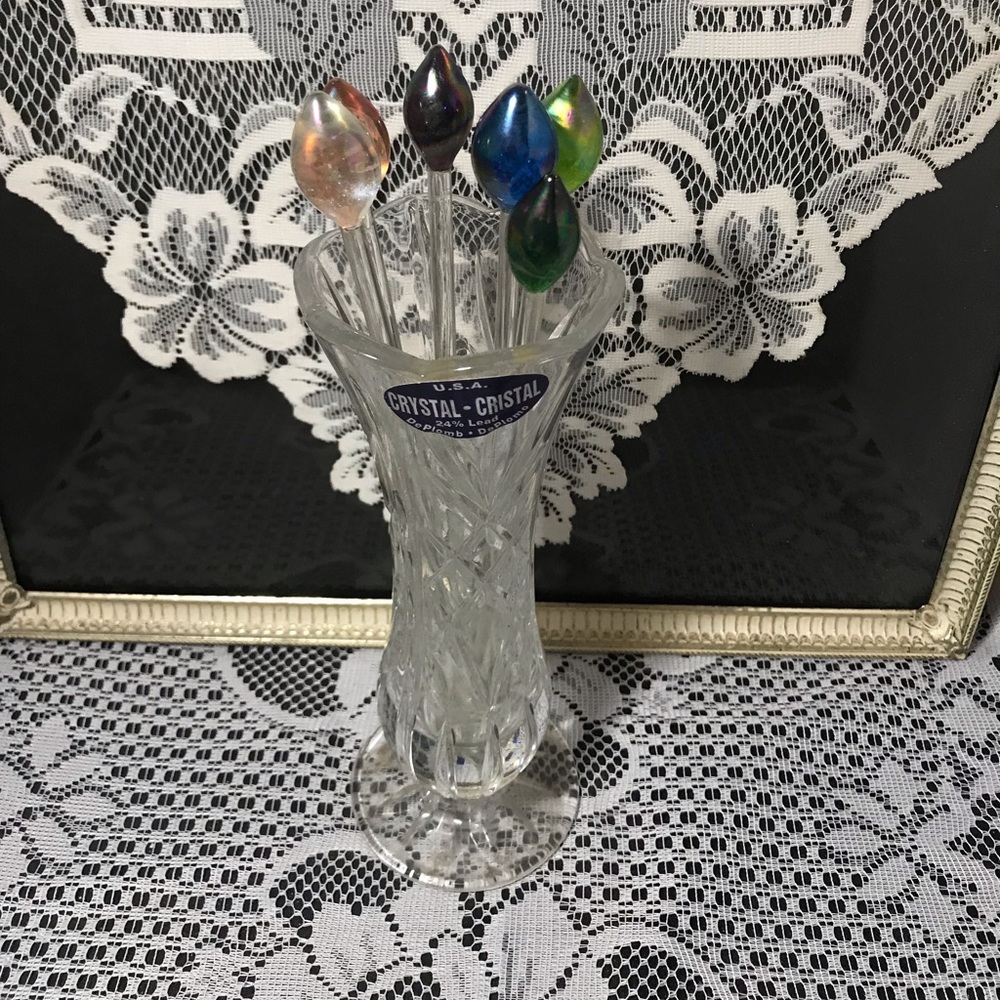 Deplomb Crystal vase with hand blown glass swizzle sticks